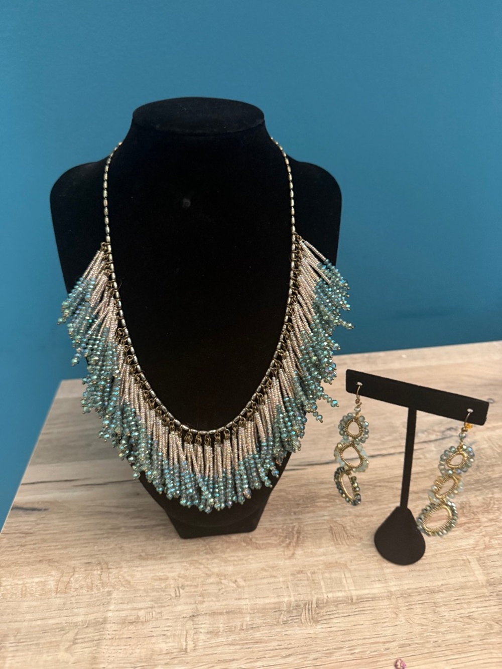 Anthropologie Aqua Beaded Fringe Necklace & Earrings Statement Set